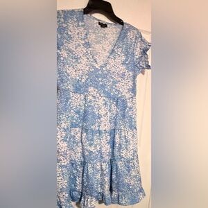 Blue Floral V-Neck Tiered Women's Dress
